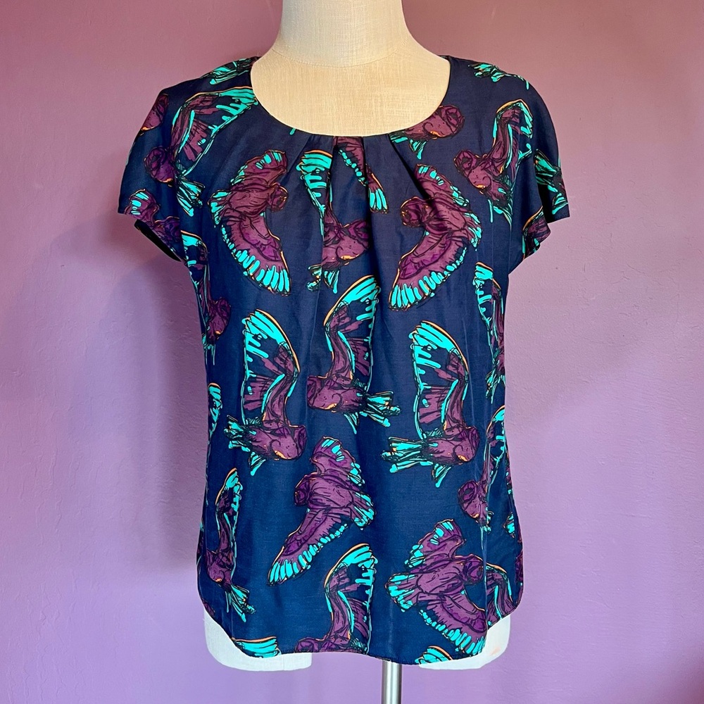 💜Boden Silk Blend Bird Print Pretty Top in Blue & Purple 💙🩵